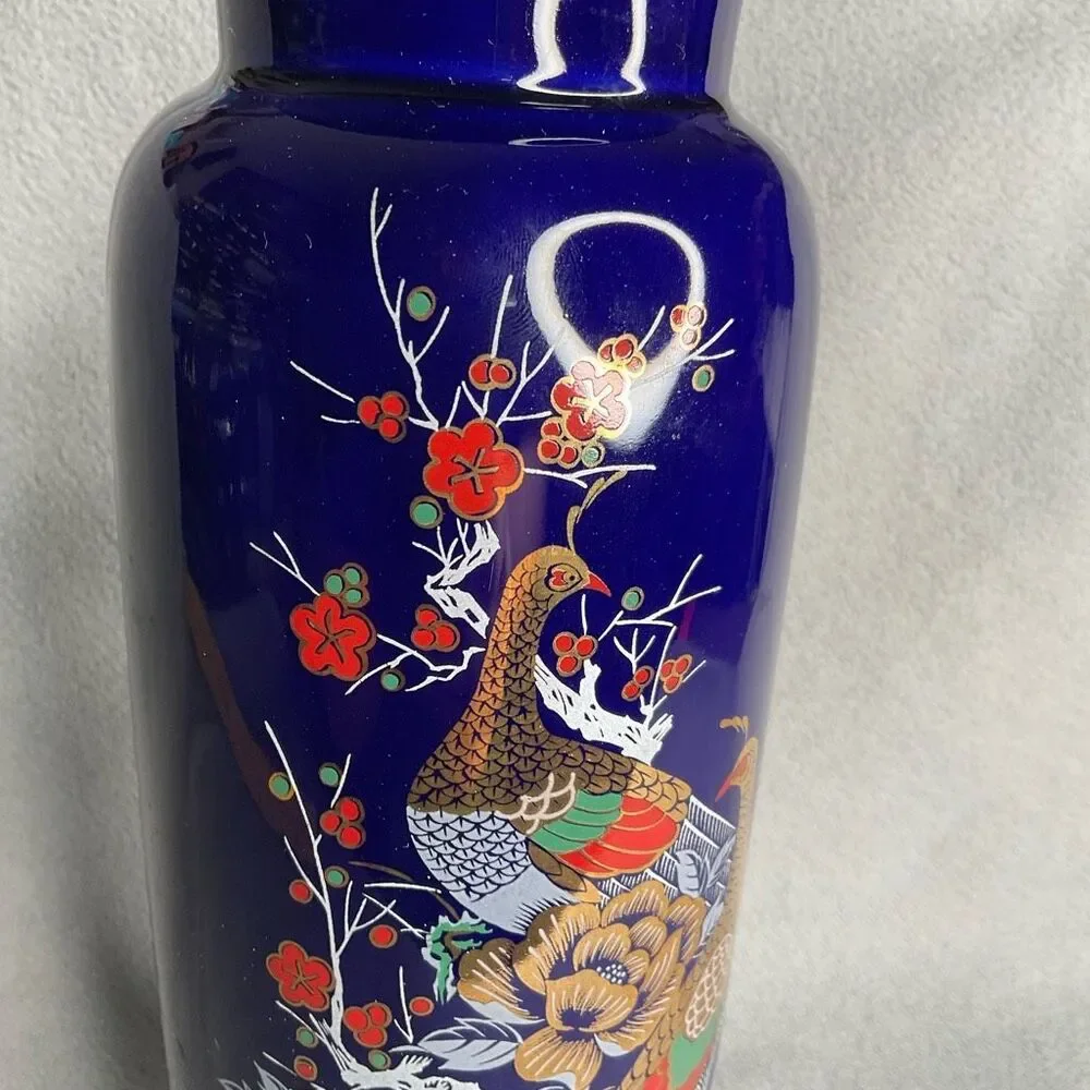 Vintage Interpur Cobalt Blue Peacock Oriental Vase 22KGoldTrim 10.5